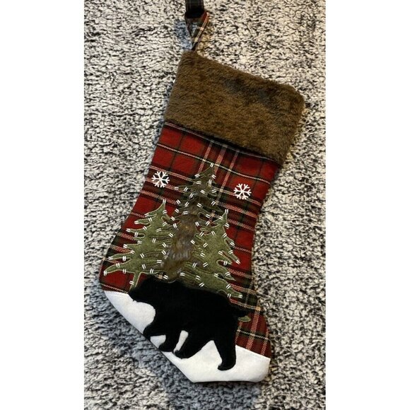 Black Bear Christmas Tree Stocking Red Plaid Country‎ Rustic Cabin NEW 17.5” - Picture 1 of 2